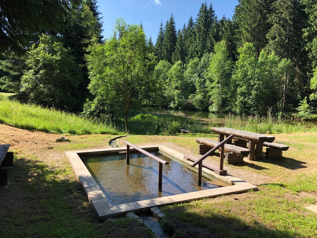 Erholung im Wasserbecken Fasten und Wandern - Erholung im Wasserbecken nach der Sauna in der Berghütte Zum Kranichsee